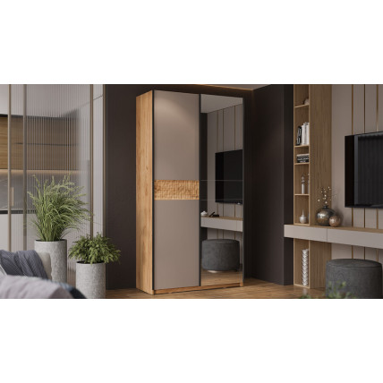 Шкаф-купе с 1 глухой и 1 зеркальной дверями «Оскар Скания» Ручка черная, Дуб Крафт золотой, Кашемир, Дуб тортугга