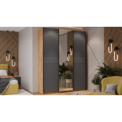 Шкаф-купе с 2 глухими и 1 зеркальной дверями «Оскар Хилтон» Тип 2 Ручка черная, Дуб Крафт золотой, Графит матовый