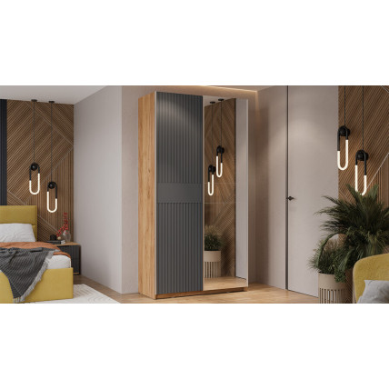 Шкаф-купе с 1 глухой и 1 зеркальной дверями «Оскар Хилтон» Тип 2 Ручка серебро, Дуб Крафт золотой, Графит матовый