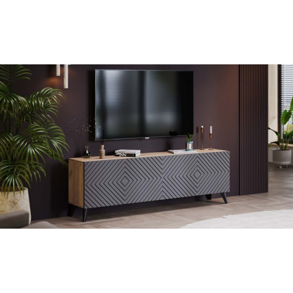 Тумба ТВ с опорами Танго Черный матовый, Дуб Крафт золотой, Холст Вулкан