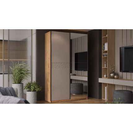 Шкаф-купе с 1 глухой и 1 зеркальной дверями «Оскар Скания» Ручка черная, Дуб Крафт золотой, Кашемир, Кашемир сатин