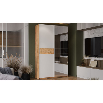 Шкаф-купе с 1 глухой и 1 зеркальной дверями «Оскар Скания» Ручка белая, Дуб Крафт золотой, Белый снег, Дуб тортугга