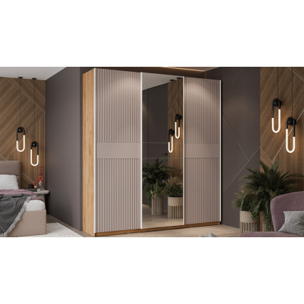 Шкаф-купе с 2 глухими и 1 зеркальной дверями «Оскар Хилтон» Тип 2 Ручка белая, Дуб Крафт золотой, Кашемир сатин