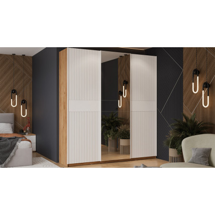 Шкаф-купе с 2 глухими и 1 зеркальной дверями «Оскар Хилтон» Тип 2 Ручка белая, Дуб Крафт золотой, Белый матовый