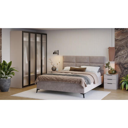 Спальный гарнитур «Порто» №7 - ГН-393.007 Кашемир матовый, Кашемир сатин, Стекло сатин черное, Велюр Brut Mocco 06