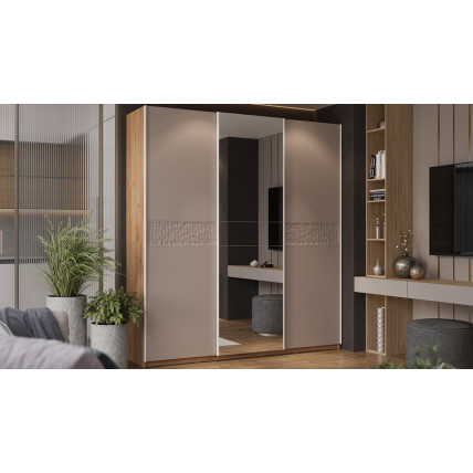 Шкаф-купе с 2 глухими и 1 зеркальной дверями «Оскар Скания» Ручка белая, Дуб Крафт золотой, Кашемир, Кашемир сатин