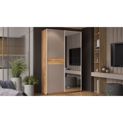 Шкаф-купе с 1 глухой и 1 зеркальной дверями «Оскар Скания» Ручка белая, Кашемир, Дуб тортугга