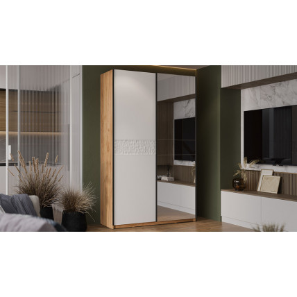 Шкаф-купе с 1 глухой и 1 зеркальной дверями «Оскар Скания» Ручка черная, Дуб Крафт золотой, Белый снег, Белый матовый