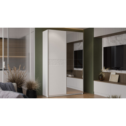 Шкаф-купе с 1 глухой и 1 зеркальной дверями «Оскар Скания» Ручка серебро, Белый снег, Белый матовый
