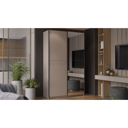 Шкаф-купе с 1 глухой и 1 зеркальной дверями «Оскар Скания» Ручка черная, Кашемир, Кашемир сатин