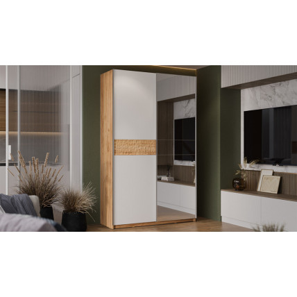 Шкаф-купе с 1 глухой и 1 зеркальной дверями «Оскар Скания» Ручка серебро, Дуб Крафт золотой, Белый снег, Дуб тортугга