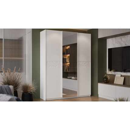 Шкаф-купе с 2 глухими и 1 зеркальной дверями «Оскар Скания» Ручка белая, Белый снег, Белый матовый